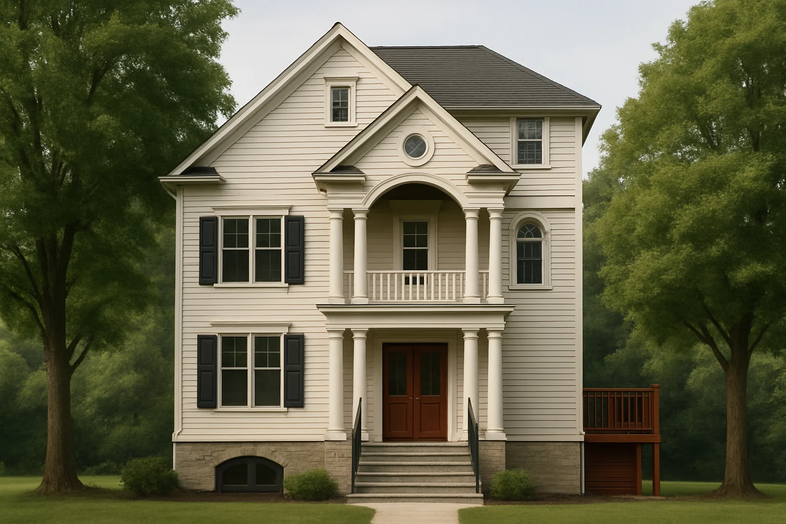 Front elevation of a Colonial Revival style home with symmetrical facade, horizontal siding, central entry, and classical columns