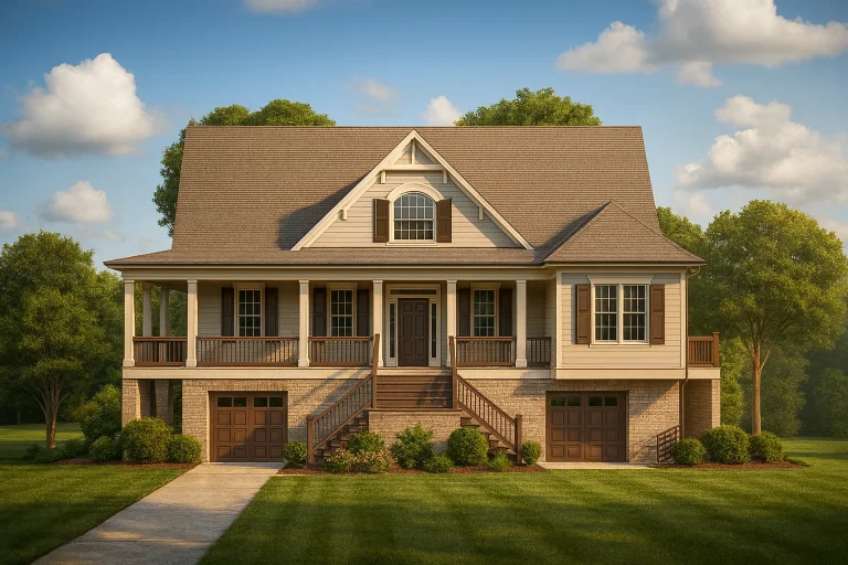 Front elevation of a Southern Low Country style home with raised brick foundation, horizontal siding, double garage below, and wide covered front porch