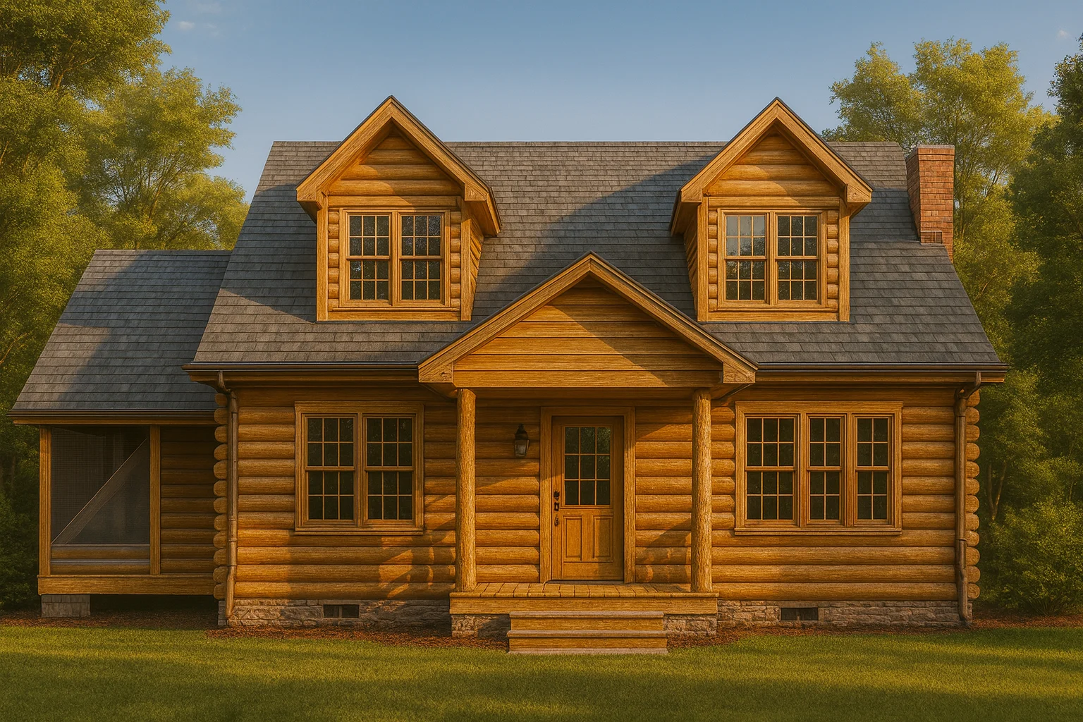 Front elevation of a rustic log cabin style home with natural log exterior, Craftsman detailing, dormer windows, and covered front porch