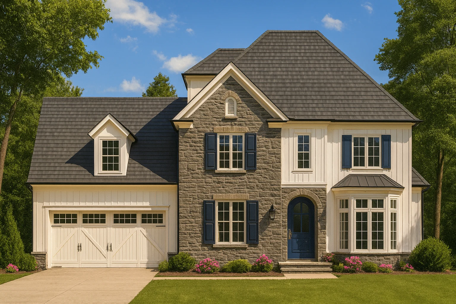 Front elevation of a New American Modern Traditional house with stone exterior, board-and-batten siding, blue shutters, and attached two-car garage
