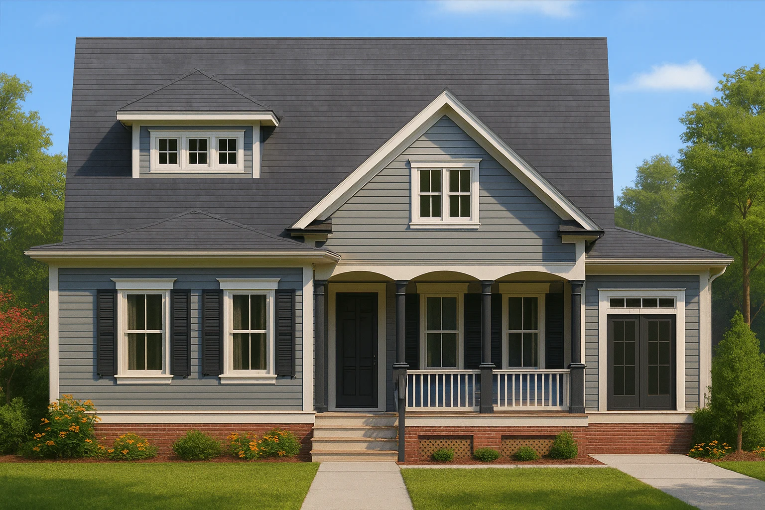 Front elevation of a Cape Cod style home with horizontal siding, covered porch, dormer windows, and brick foundation