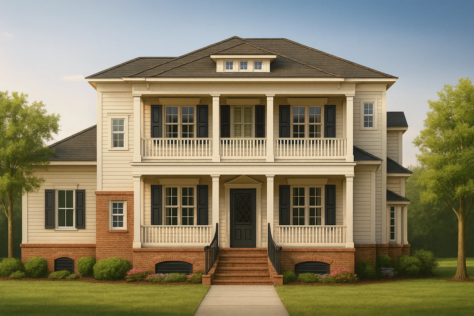 Front elevation of a Classical Southern Low Country style home with double stacked porches, brick raised foundation, horizontal siding, and symmetrical Colonial design