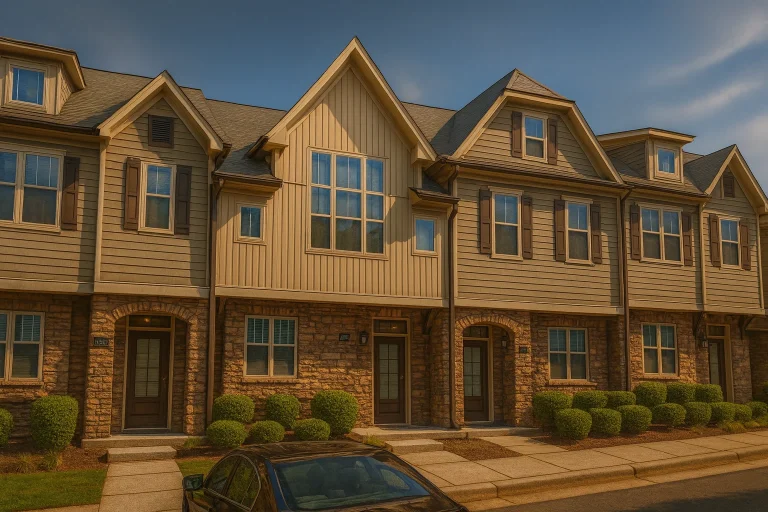 Front elevation of traditional 5-unit townhome with brick lower level, horizontal lap siding, board and batten accents, and symmetrical Neo-Colonial detailing