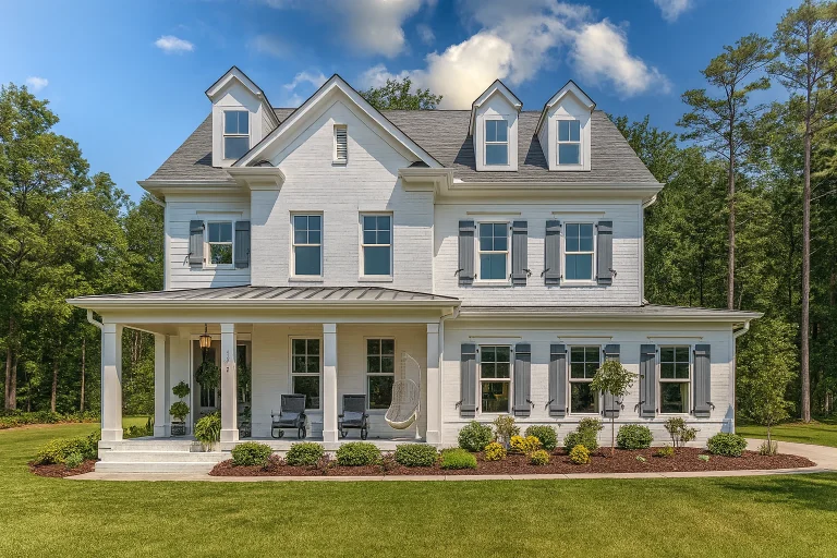 Front elevation of a Colonial and Classical Southern style home with horizontal siding, symmetrical windows, dormers, and a covered wraparound porch