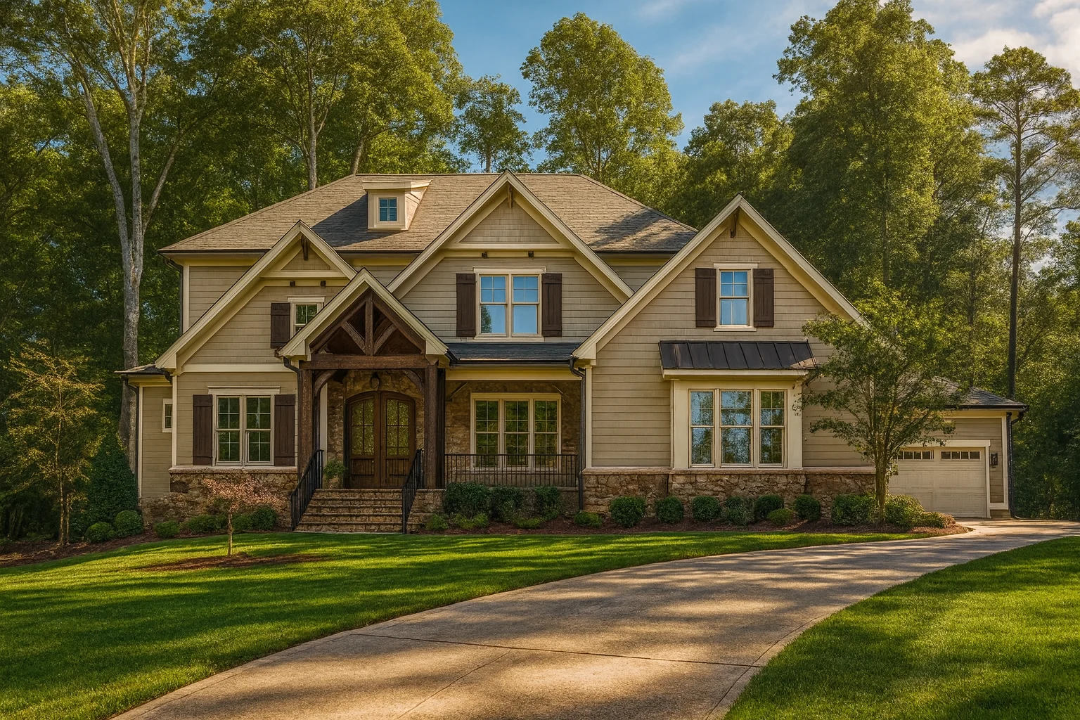 Front elevation of a New American Craftsman style home featuring horizontal lap siding, gabled rooflines, covered porch, and refined traditional detailing