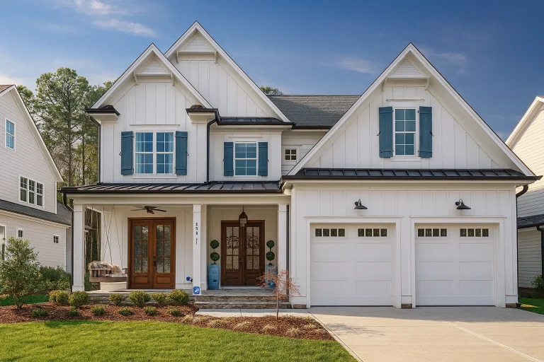 Front elevation of a Modern Farmhouse and New American style home with white board and batten siding, metal porch roof, double garage, and symmetrical gabled rooflines