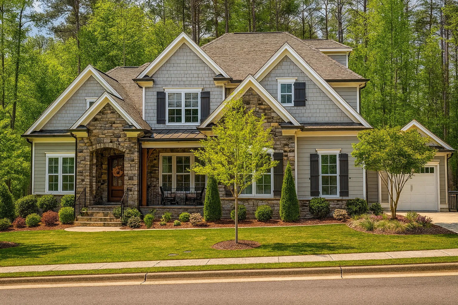 Front exterior view of a New American modern traditional house with stone façade, horizontal siding, shingle details, and welcoming covered porch