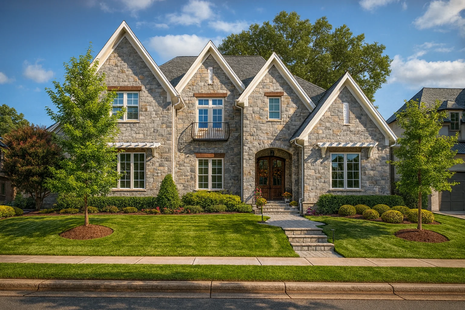 7 Bedroom House Plans 19 Front exterior of a New American style home with full stone façade, steep gabled rooflines, French Country detailing, and manicured suburban landscaping