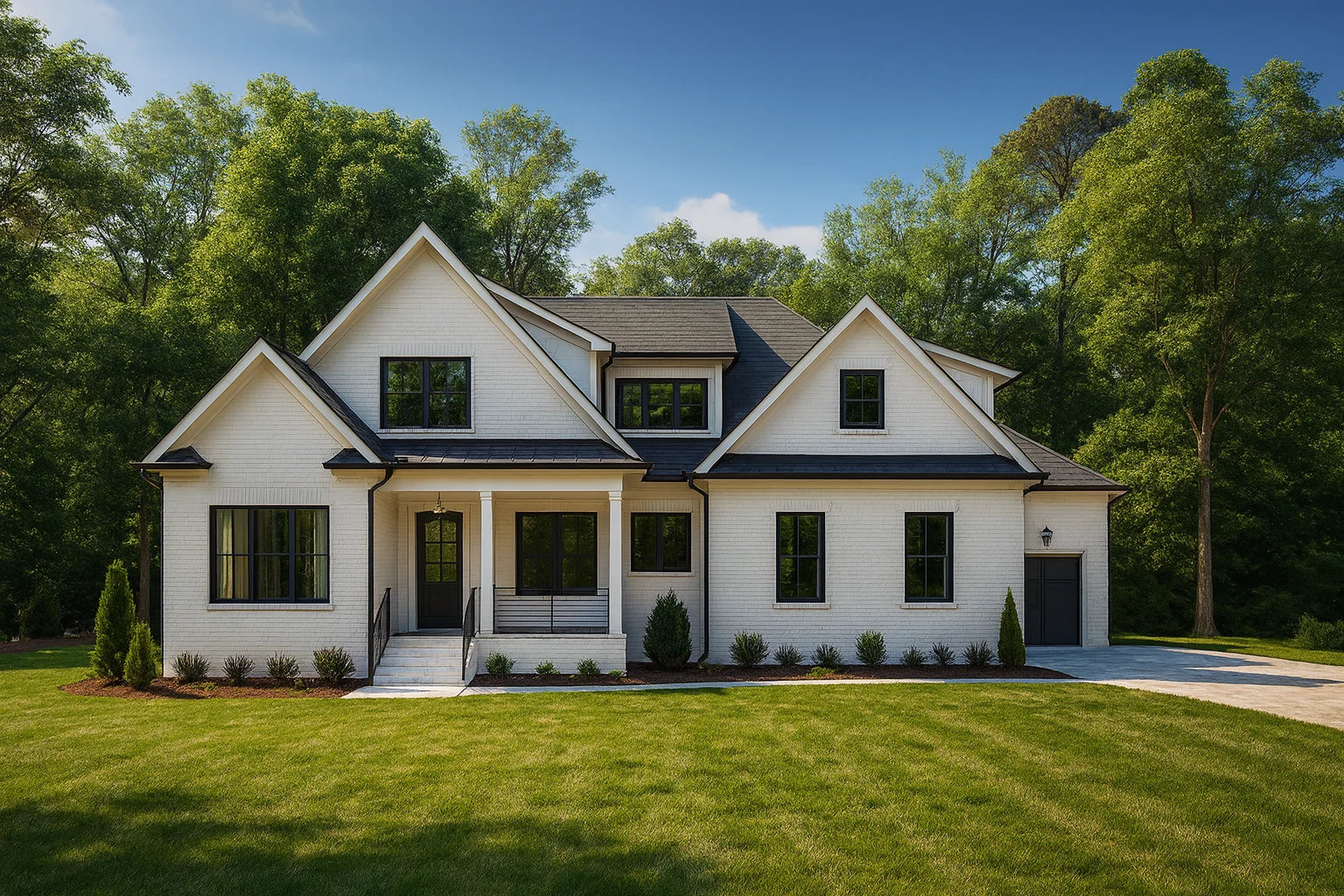 Front elevation of a Modern Farmhouse New American style home with white board and batten siding, black windows, gabled rooflines, and covered front porch