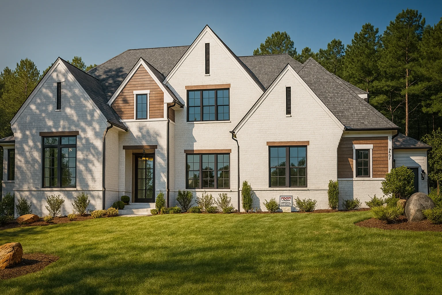 Front exterior view of a New American Modern Traditional house with painted brick, board and batten siding, black windows, and symmetrical gabled rooflines