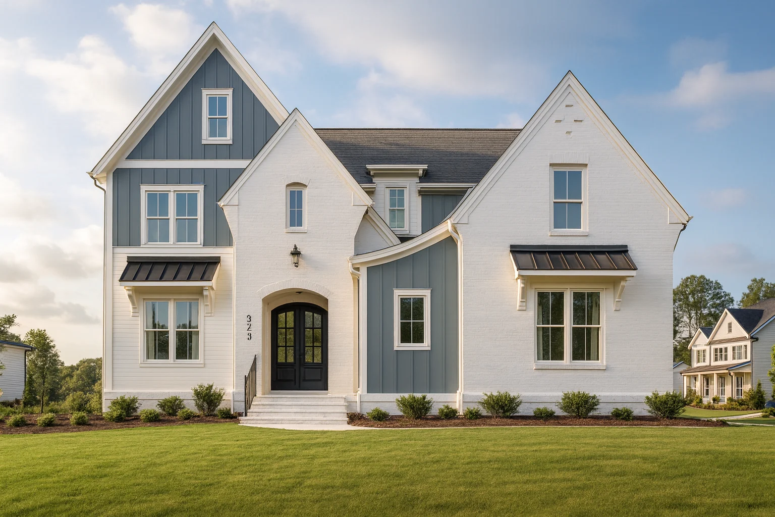 Front exterior of a Modern Farmhouse New American style home featuring painted brick, board and batten siding, steep gables, and symmetrical entry