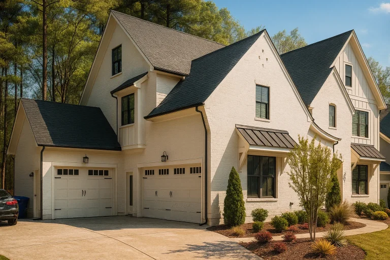 Front exterior of a Modern Farmhouse and New American style home with white painted brick, steep gabled roofs, black windows, and an attached two-car garage