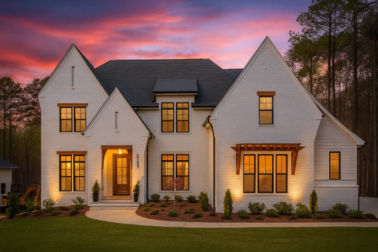 Front elevation of a New American modern traditional house featuring painted brick exterior, symmetrical gables, tall windows, and inviting entry