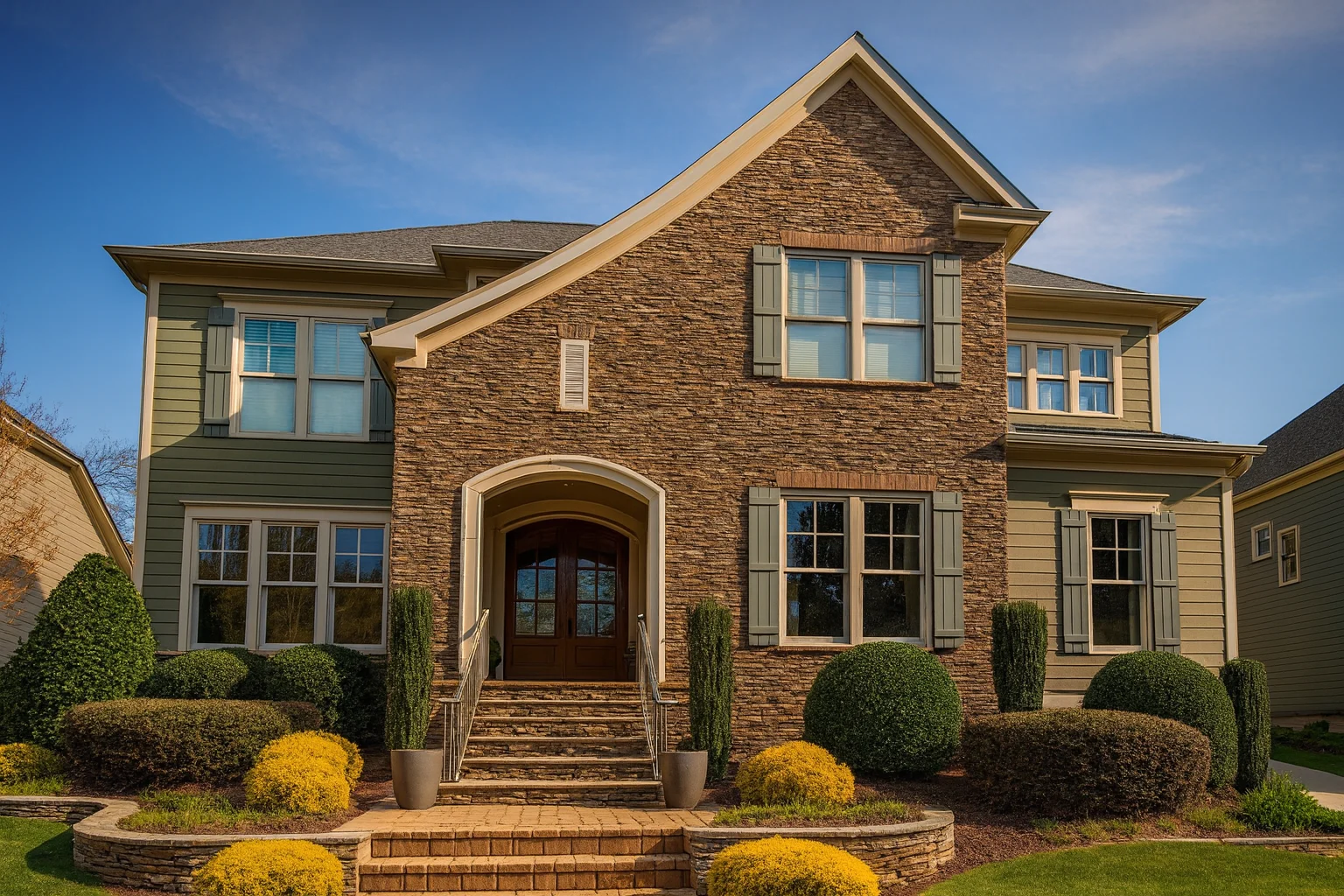 Front elevation of a New American modern traditional house featuring stone veneer, horizontal siding, symmetrical windows, and an arched entry porch