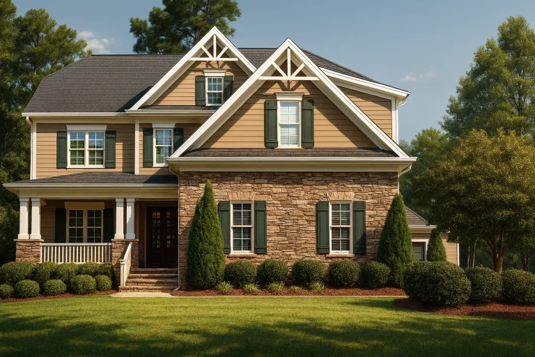 Front elevation of a New American Craftsman home featuring stone veneer, horizontal siding, gabled rooflines, and a welcoming covered porch