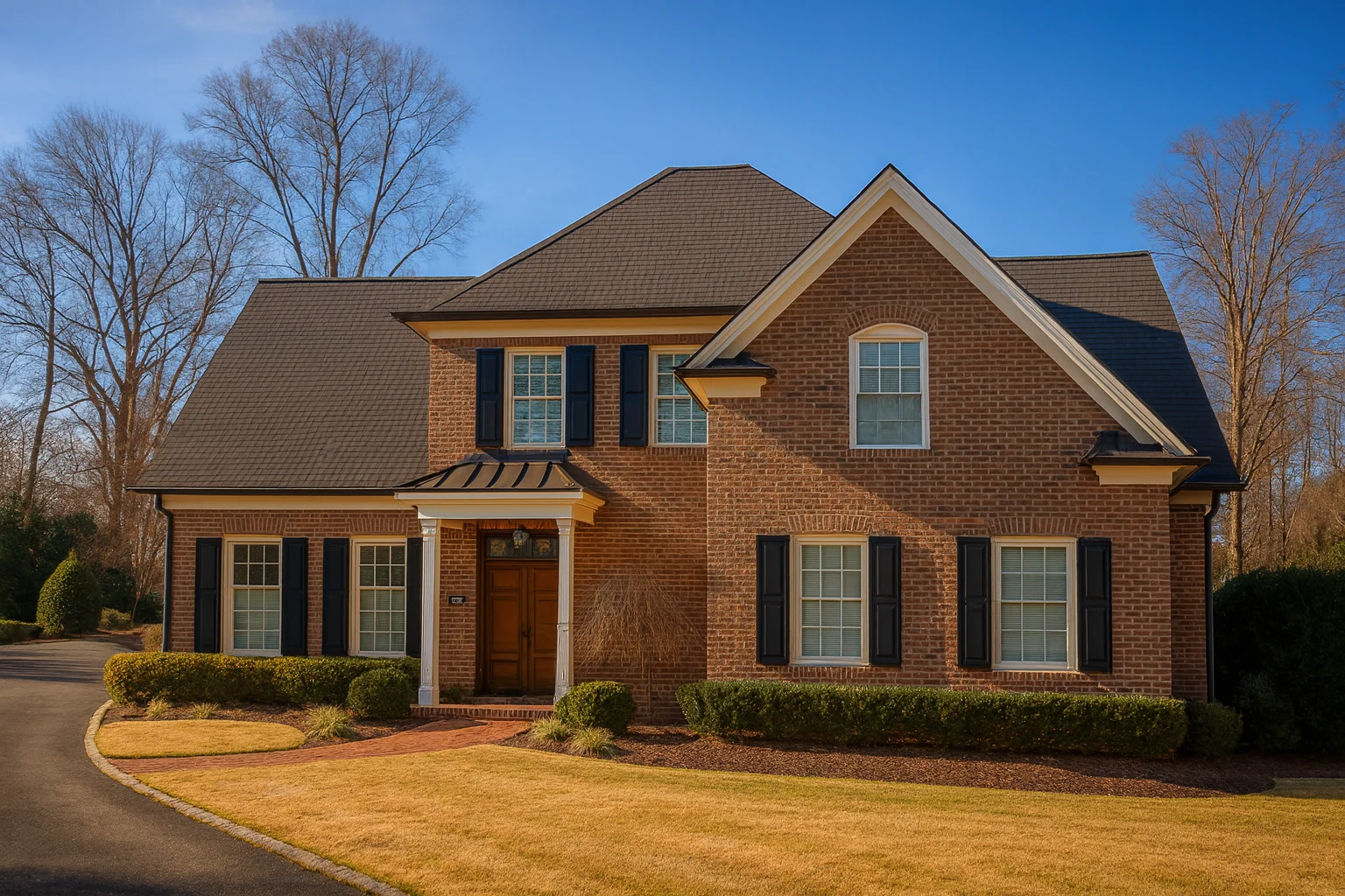 Front exterior of a Traditional Colonial brick home with symmetrical windows, black shutters, gabled rooflines, and formal entry