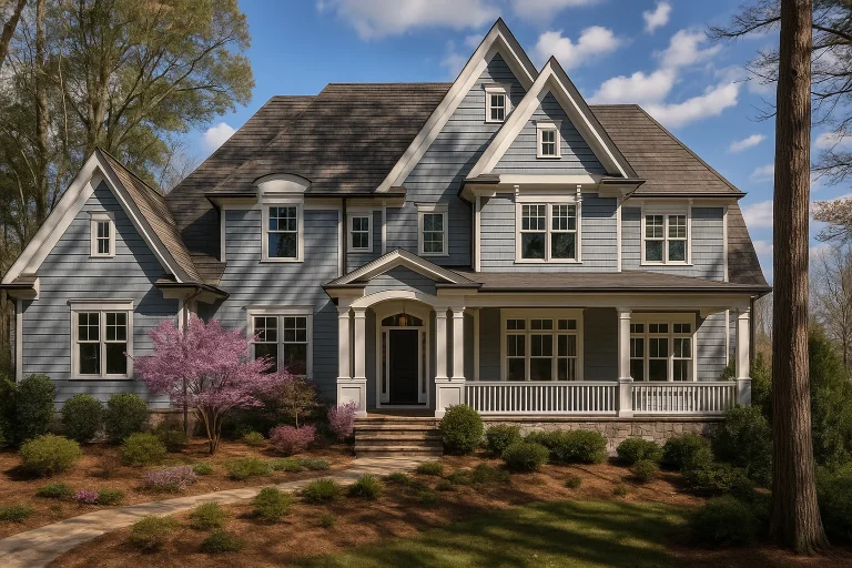 Front elevation of a New American Colonial Revival style home with horizontal siding, gabled rooflines, and a welcoming covered front porch