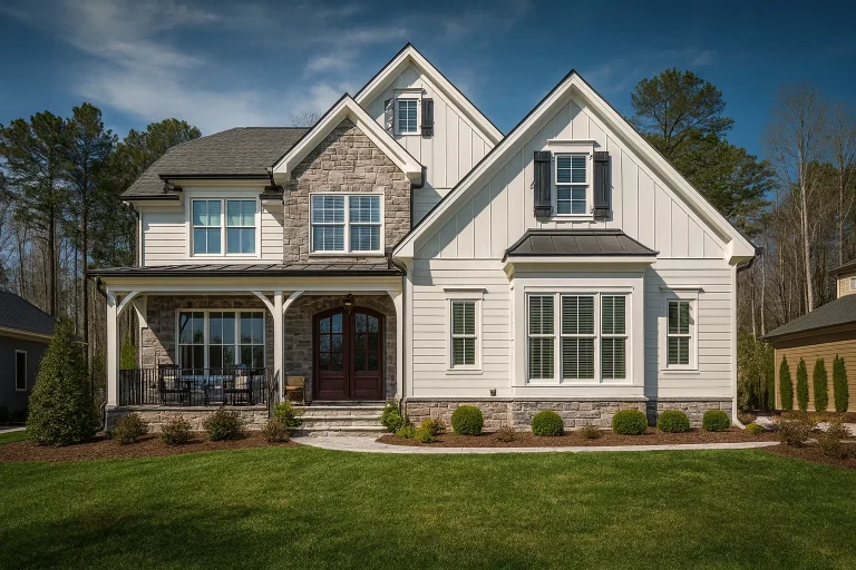 Front exterior of a New American Modern Traditional house featuring board and batten siding, stone accents, metal roof details, and a covered front porch