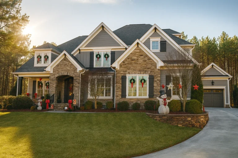 French Country Farmhouse Plans 12 Front elevation of a New American style home with brick and stone exterior, symmetrical windows, gabled rooflines, and classic suburban curb appeal