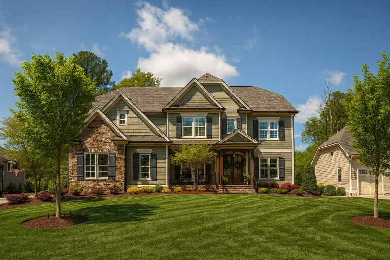 French Country Farmhouse Plans 6 Front elevation of a Traditional Colonial style home featuring horizontal siding, brick and stone accents, symmetrical windows, and manicured landscaping