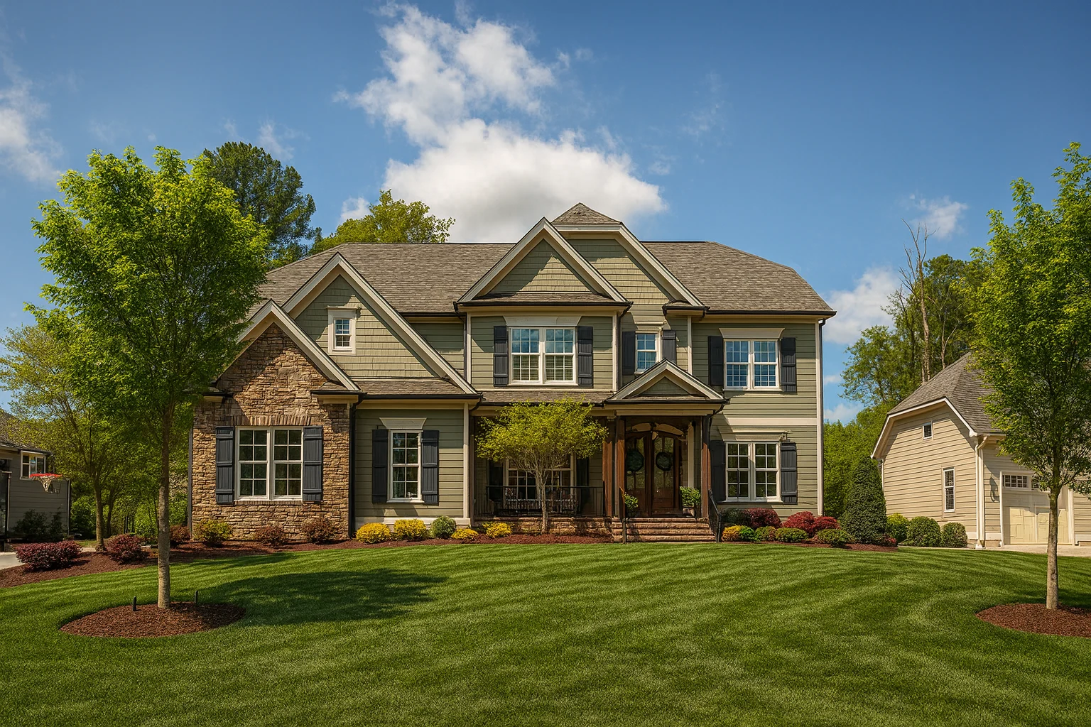 Front elevation of a Traditional Colonial style home featuring horizontal siding, brick and stone accents, symmetrical windows, and manicured landscaping