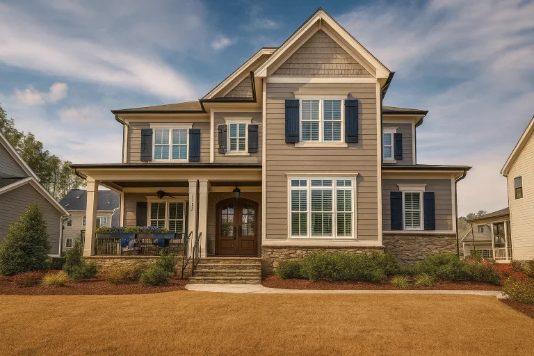 French Country Farmhouse Plans 5 Front exterior of a New American modern traditional house featuring horizontal siding, shingle gables, black shutters, and a welcoming covered porch