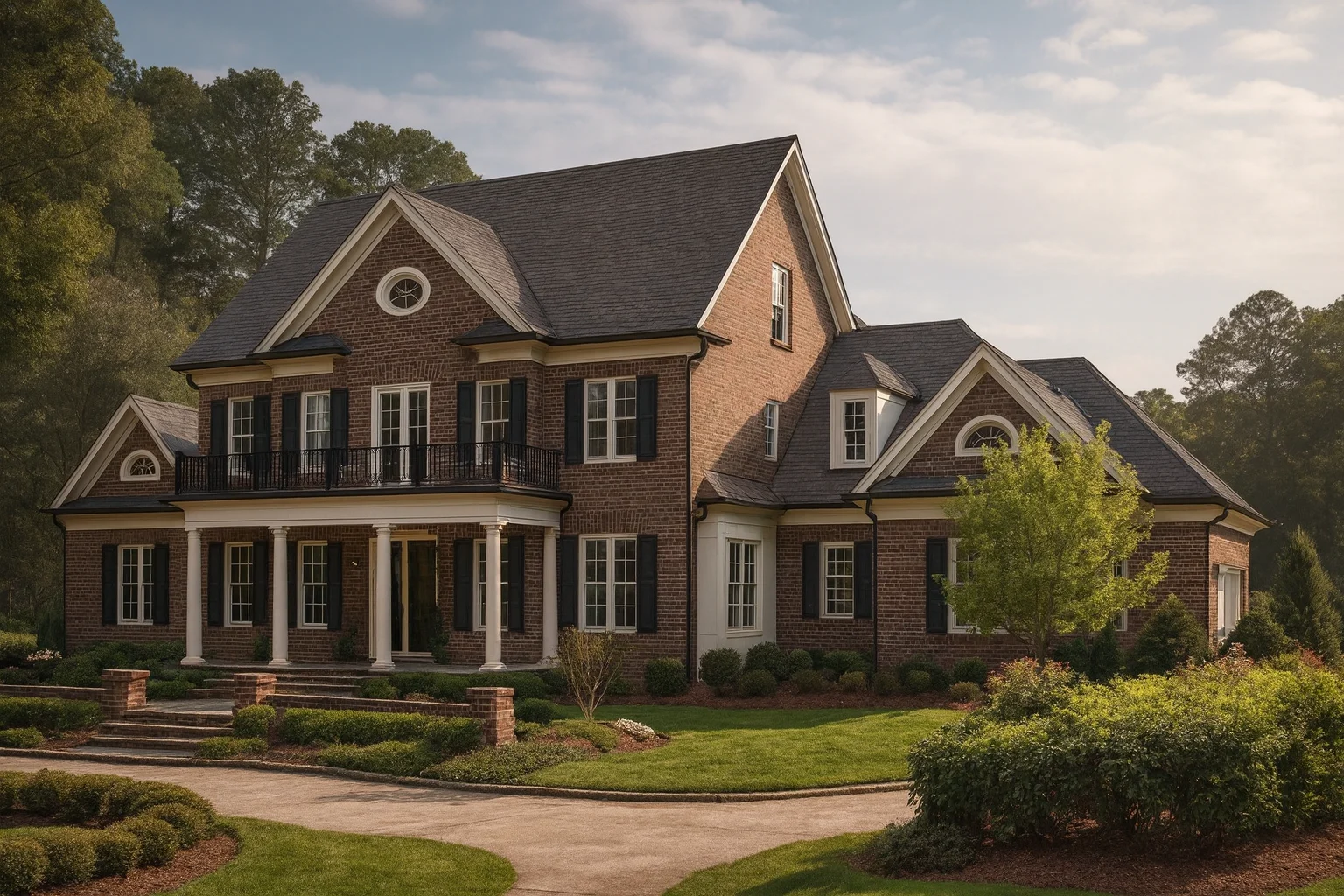 Front exterior view of a Traditional Colonial brick home featuring symmetrical design, columned porch, black shutters, and landscaped grounds