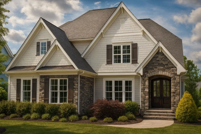 Front exterior view of a New American modern traditional home featuring stone accents, horizontal siding, gabled rooflines, and an arched entry