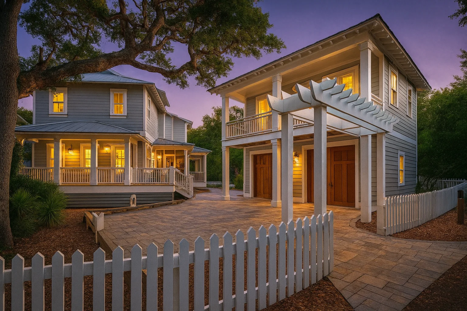 Charleston-style Coastal Traditional home with lap siding, courtyard garage, double stacked porches, and classical Southern detailing