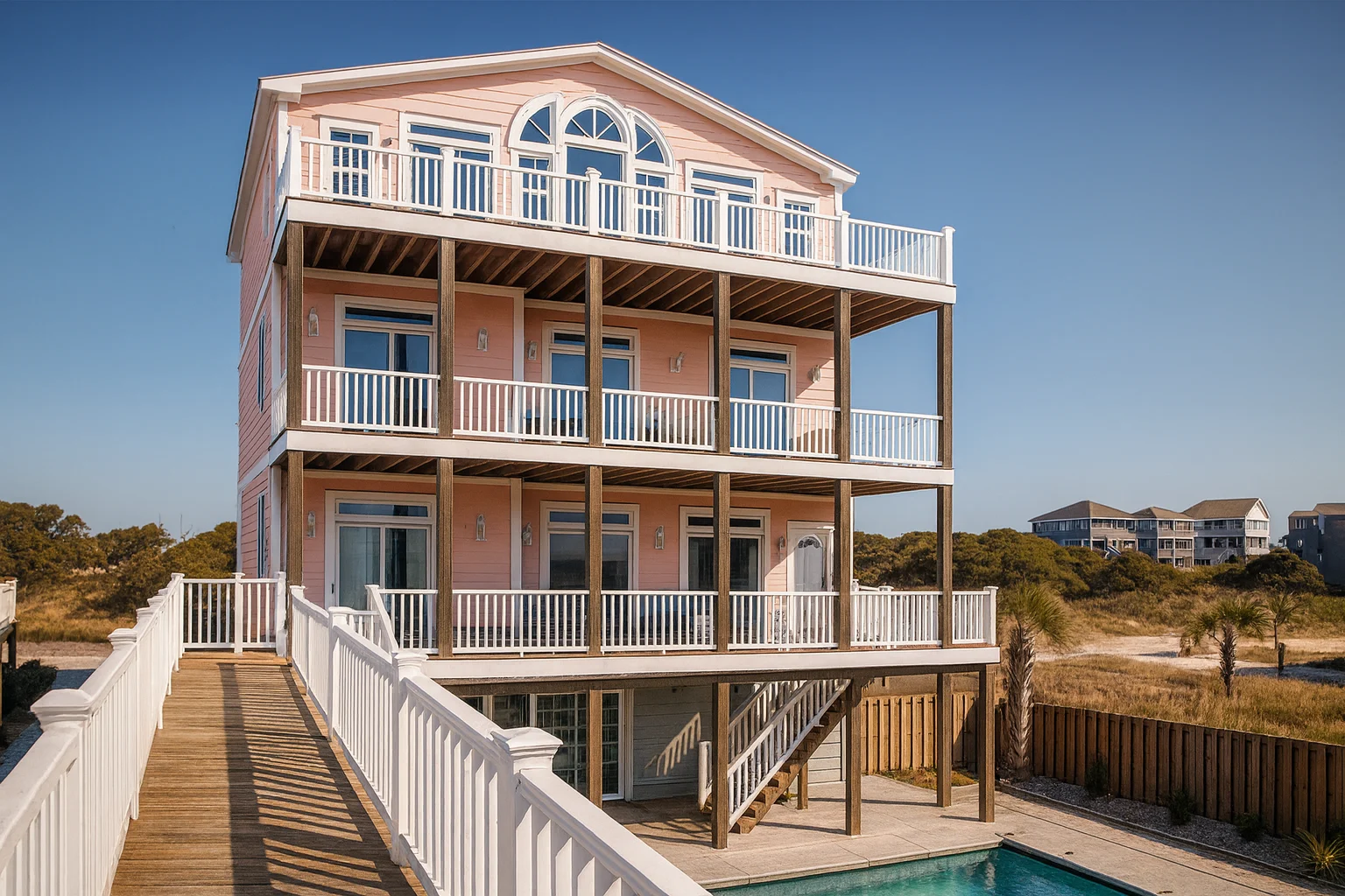 Front elevation of a three-story Coastal Beach House with elevated foundation, wraparound decks, white railings, and seaside architecture