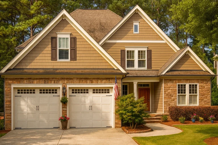 Front exterior view of a Traditional Suburban Craftsman-style home with horizontal siding, stone accents, shutters, and a welcoming covered entry