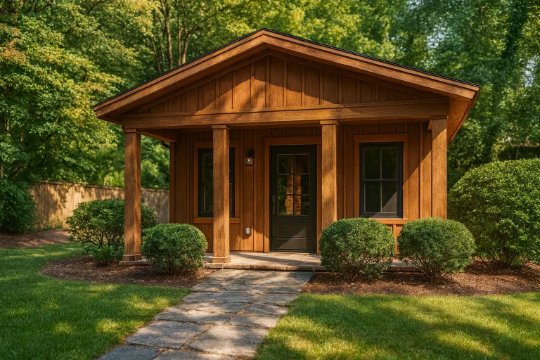 Front exterior of a Craftsman Cottage style ADU featuring natural wood siding, gabled roof, and a welcoming covered porch