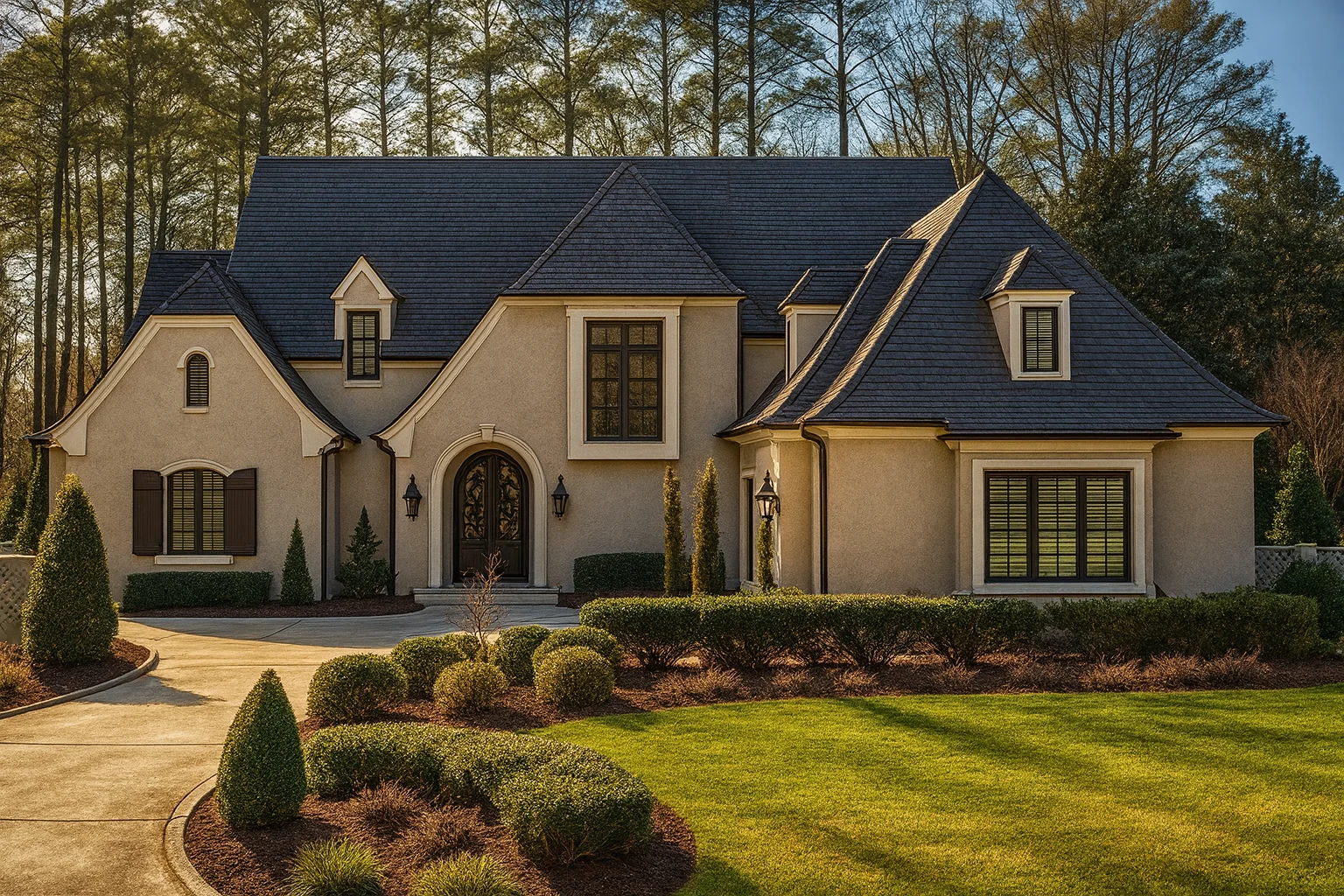Front exterior of a French Country style home featuring smooth stucco walls, steep hipped roof, arched entry, and refined European detailing