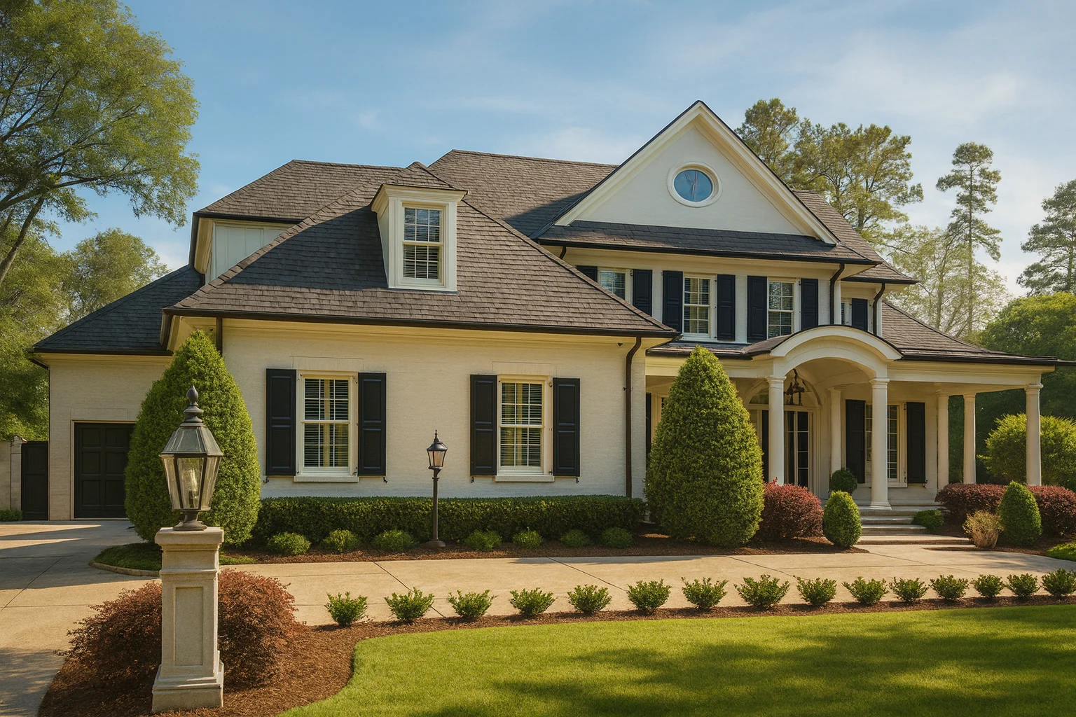 Front exterior of a Colonial Revival home with painted brick façade, black shutters, arched portico, and symmetrical Southern architecture