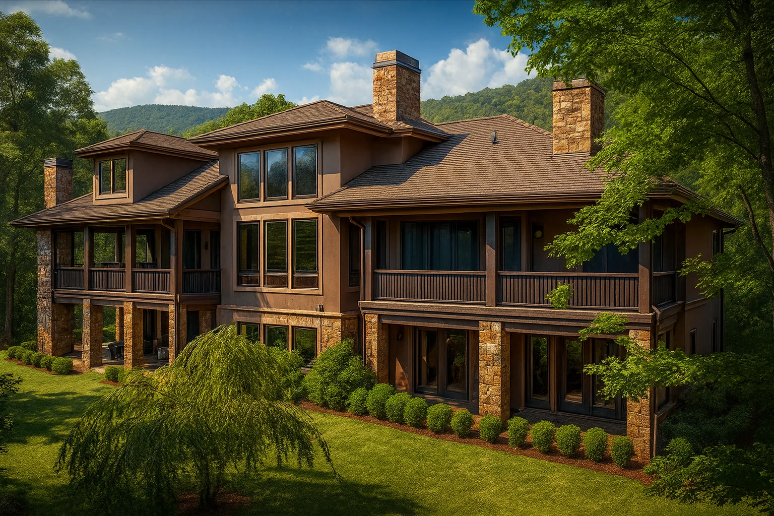Front exterior of a Mountain Craftsman style home featuring natural stone, wood siding, deep covered porches, and forested surroundings