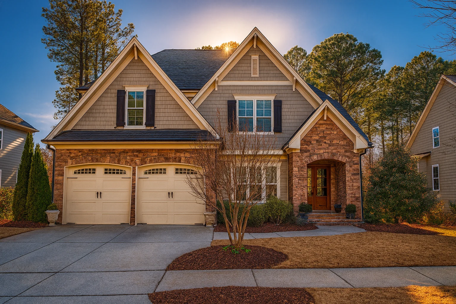 Front exterior of a New American traditional suburban home featuring stone and brick exterior, steep gables, and double garage