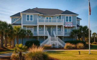 Front exterior of an elevated Coastal Low Country style home featuring horizontal siding, wide wraparound porches, symmetrical facade, and raised pier foundation