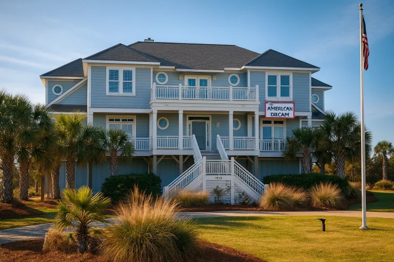 Front exterior of an elevated Coastal Low Country style home featuring horizontal siding, wide wraparound porches, symmetrical facade, and raised pier foundation