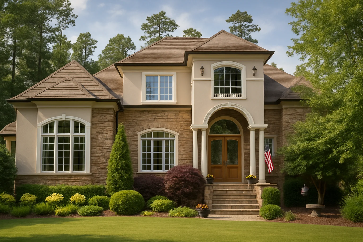 Front elevation of French Country and Traditional style home featuring stone façade, stucco accents, arched entry, and symmetrical architectural detailing