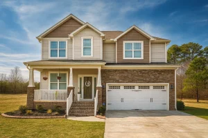Front view of a traditional suburban New American style home featuring siding, stone veneer, brick porch columns, and a covered front porch