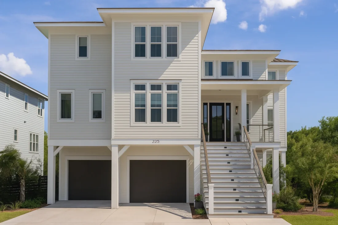 Front view of an elevated coastal beach house with horizontal lap siding, double garage, and raised entry staircase
