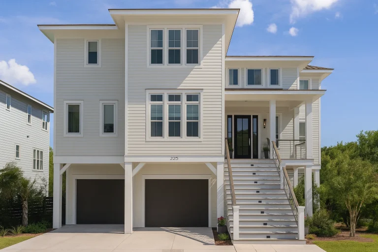 Front exterior of an elevated Coastal Low Country style home with horizontal lap siding, raised entry staircase, covered porches, and garage below