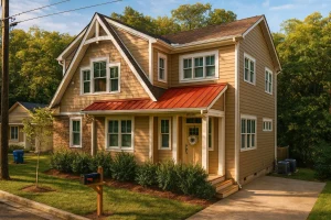 House Plans with Screened-In Porch 8 Front elevation of a Craftsman Traditional Suburban style home featuring lap siding, board-and-batten gables, covered porch, and warm architectural detailing