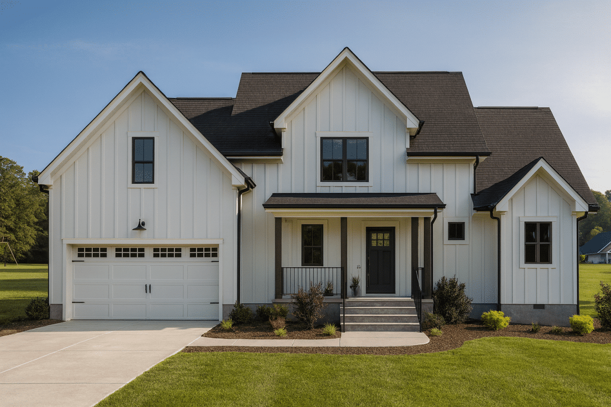Modern farmhouse with white siding, dark roof, and inviting porch in a serene setting.