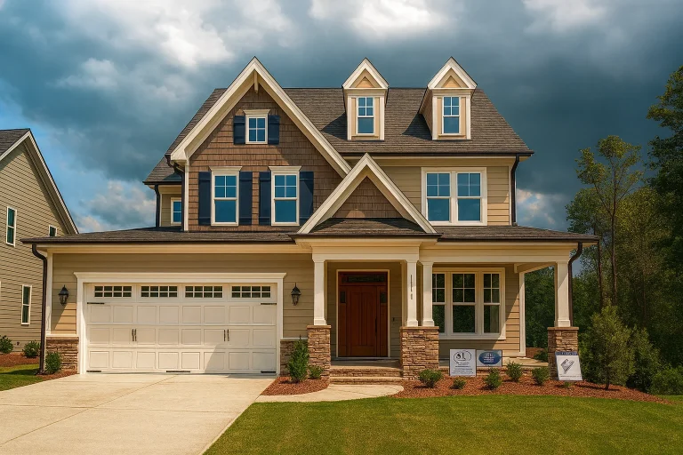 Front elevation of Neo-Colonial style home with brick first floor, lap siding upper level, covered porch, and two-car garage