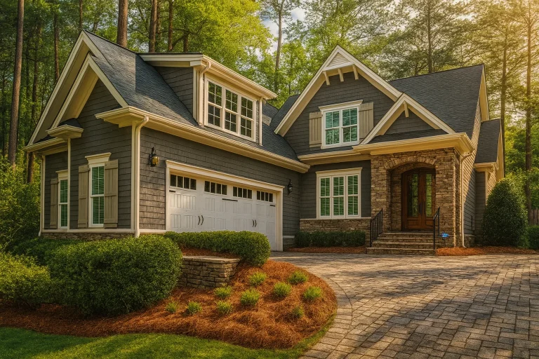 Front elevation of a Craftsman style home with brick accents, shake siding, gabled rooflines, and a covered entry porch
