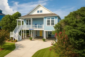 Light blue coastal stilt house with white trim, a yellow front door, wraparound porch, and exterior staircase surrounded by lush green landscaping and flowering trees under a clear blue sky.