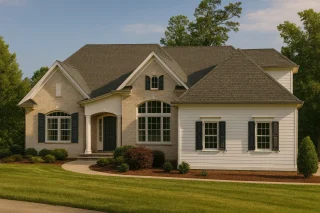 Front elevation of a Traditional New American style house featuring brick and horizontal siding, shuttered windows, and a welcoming covered entry