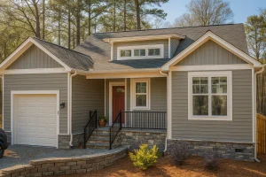 Front view of a Traditional Craftsman Transitional Ranch home featuring stone accents, horizontal siding, and a welcoming covered entry with red door