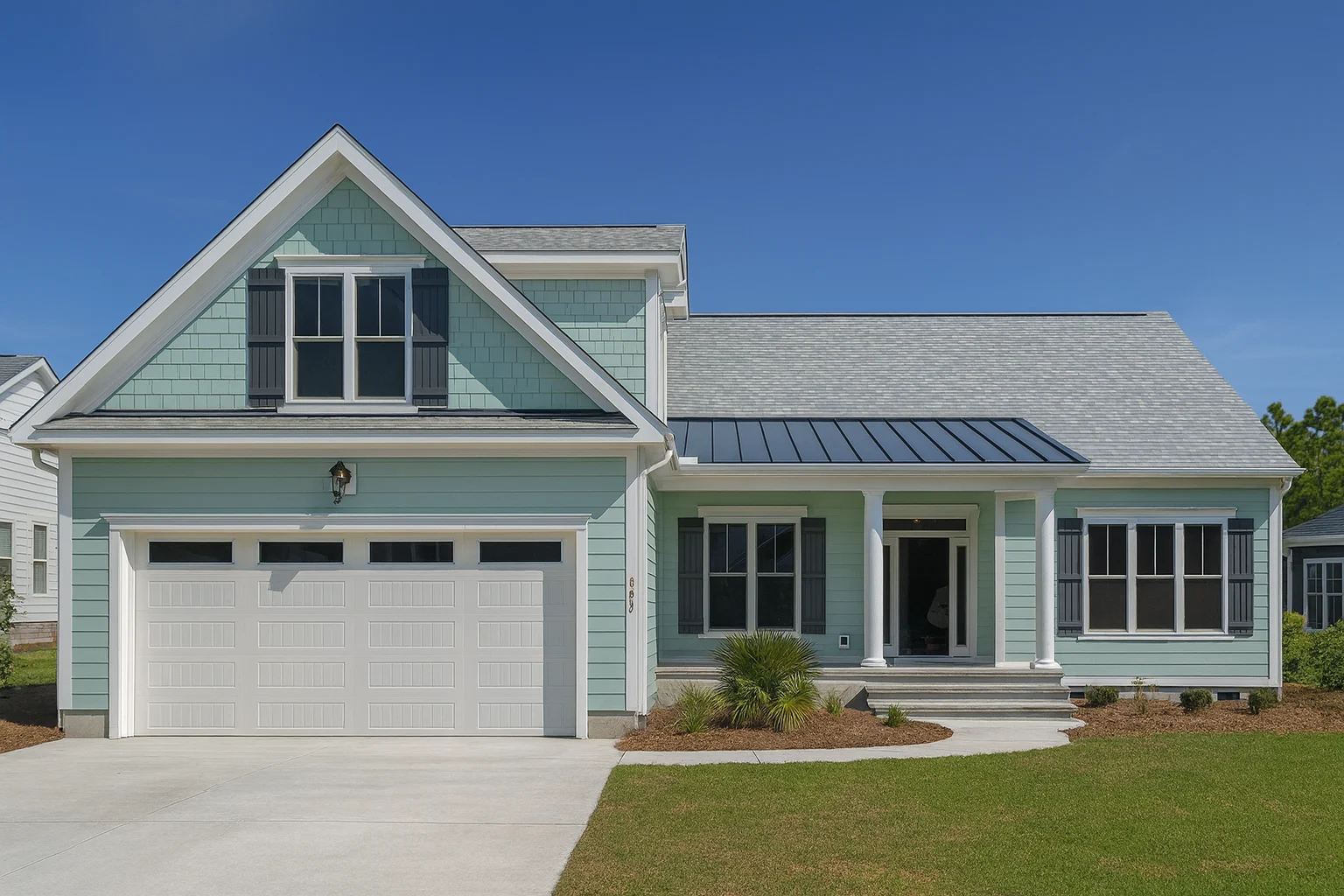 Front elevation of a Coastal Shingle Style home featuring light blue horizontal siding, shingle accents, white trim, and a welcoming covered porch